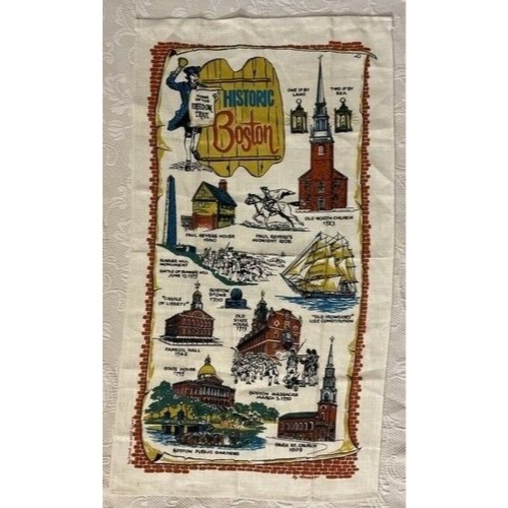 Vintage 1970s New without tags Linen Historic Boston Souvenier Tea Towel 16”x30"